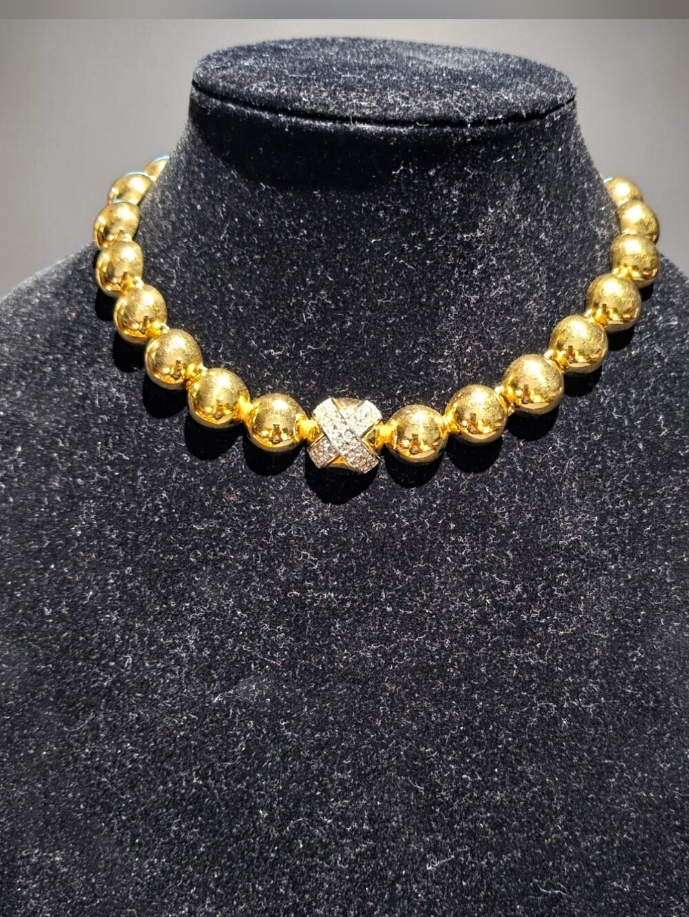 Vintage Givenchy Runway Choker Necklace Gold Plated Ball Beads Crystal X Motif